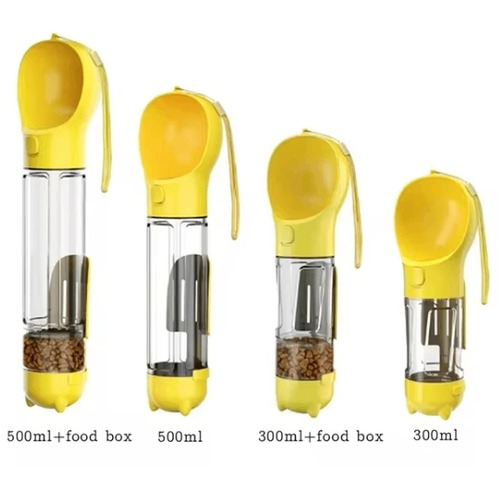 Set of yellow pet water bottles with food containers on a white background